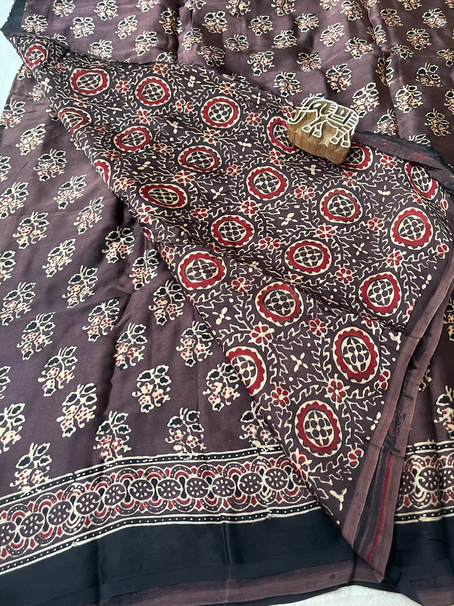 Ajrakh Modal Silk Saree - Cola Brown Buttis