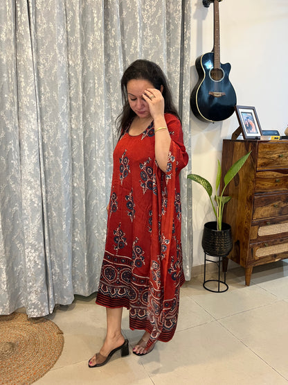 Ajrakh Modal Silk Kaftan - Red Flower