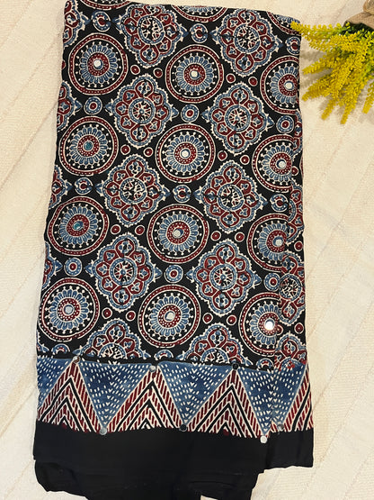 Ajrakh Modal Silk Saree with Mirror Work - Black