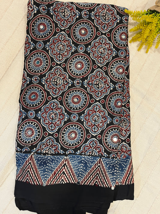 Ajrakh Modal Silk Saree with Mirror Work - Black