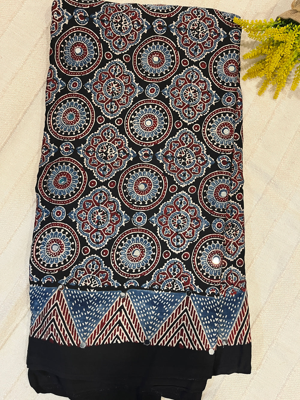 Ajrakh Modal Silk Saree with Mirror Work - Black