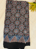 Ajrakh Modal Silk Saree with Mirror Work - Black