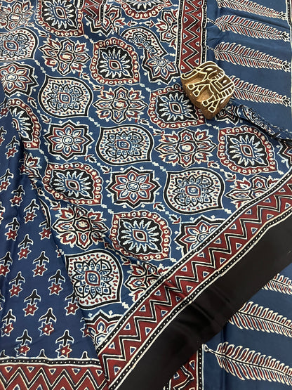 Ajrakh Modal Silk Saree - Indigo Small Flower Buttis