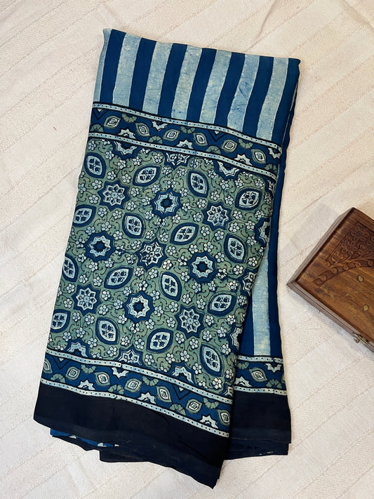 Contemporary Ajrakh Modal Silk Saree - Indigo-Green