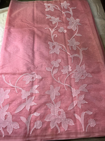 Pure Organza Applique Work Saree - Peachy Pink