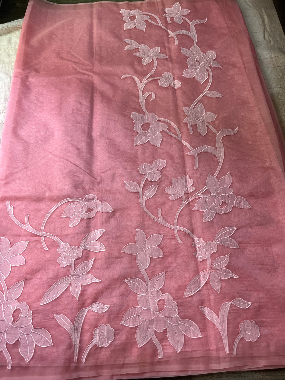 Pure Organza Applique Work Saree - Peachy Pink