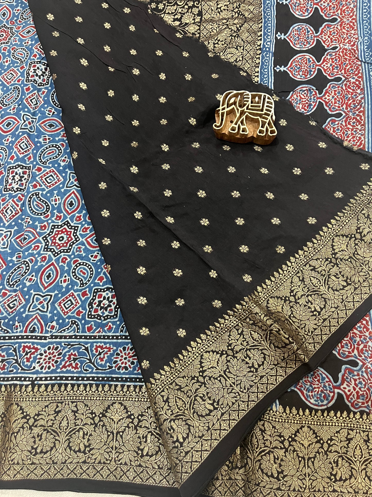 Ajrakh Dola Silk Saree - Indigo