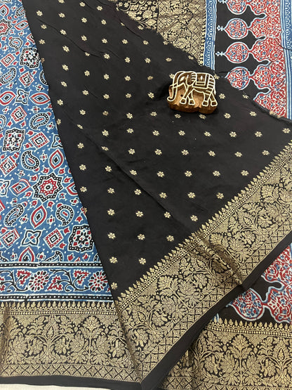 Ajrakh Dola Silk Saree - Indigo