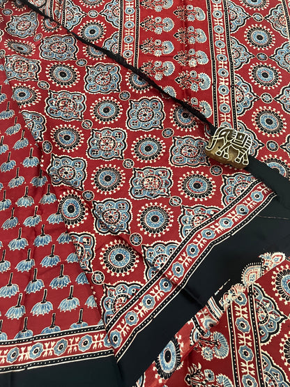 Ajrakh Modal Silk Saree - Red Lotus Motifs