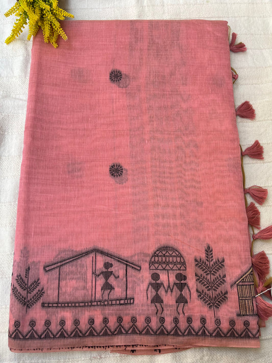 Chanderi Cotton Jamdani Saree - Pink Tribal Art