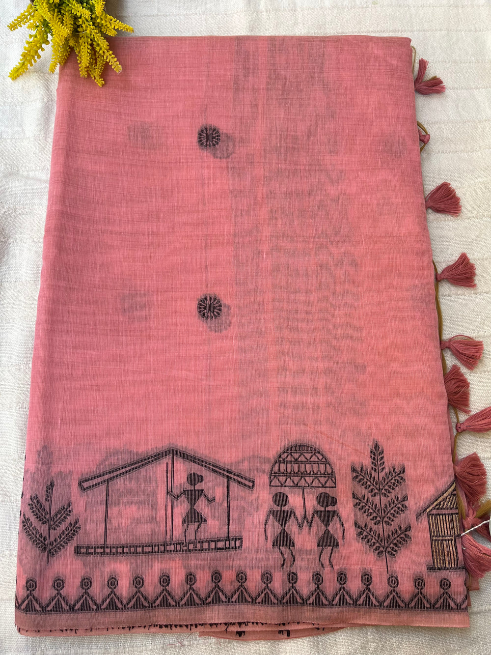 Chanderi Cotton Jamdani Saree - Pink Tribal Art