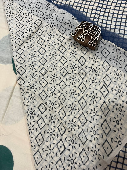‘Bindi Tales’ Handblock Mul Cotton Saree - Green on Off-white