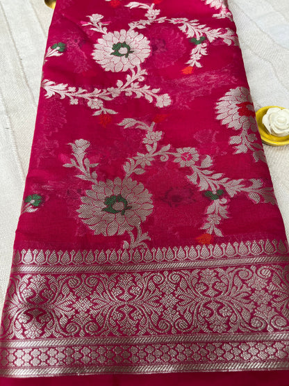 Banarsi Semi Georgette Meena Jaal Saree - Rani Pink