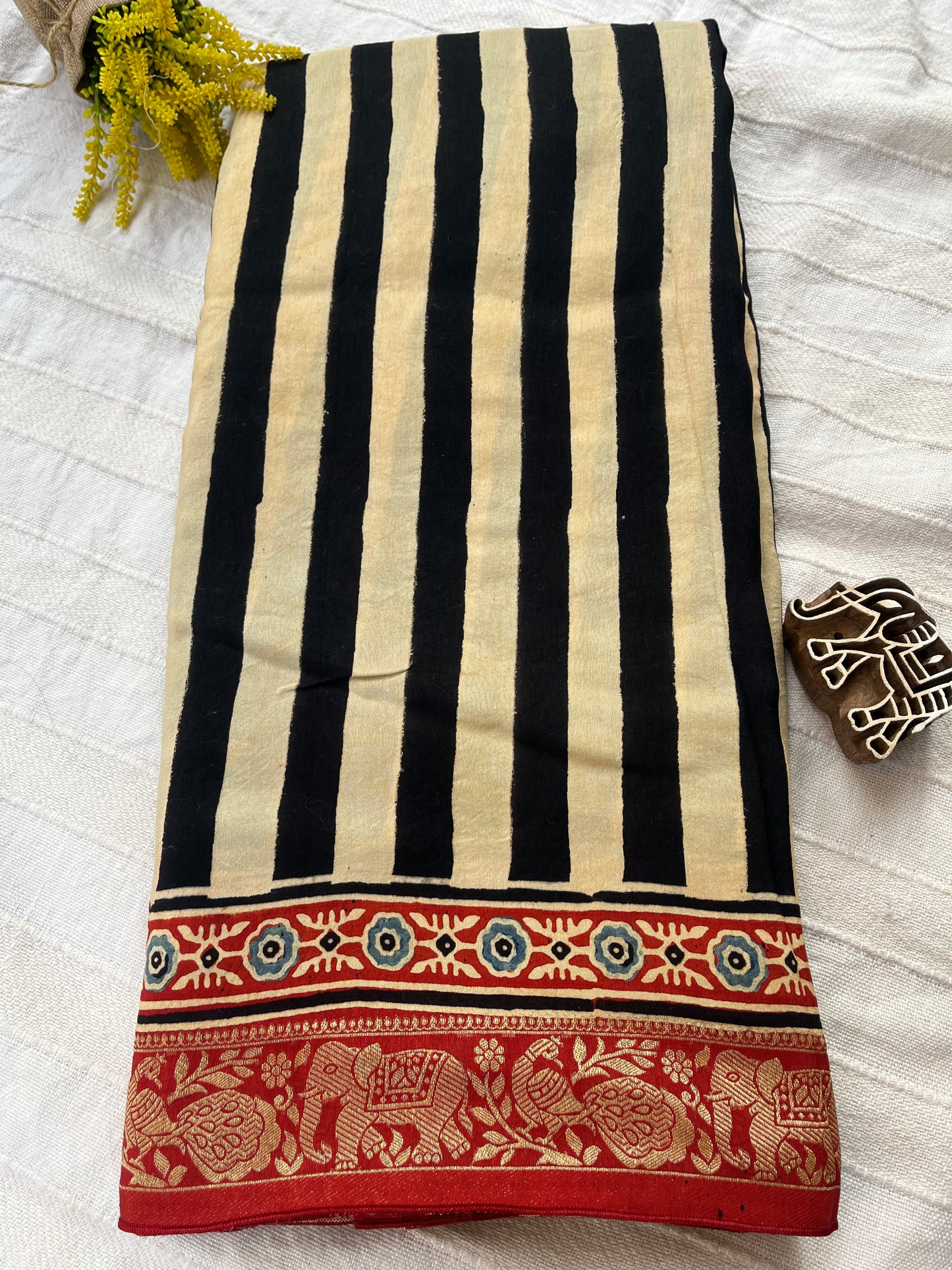 Contemporary Ajrakh Dola Silk Saree - Black Stripes-Red Pallu