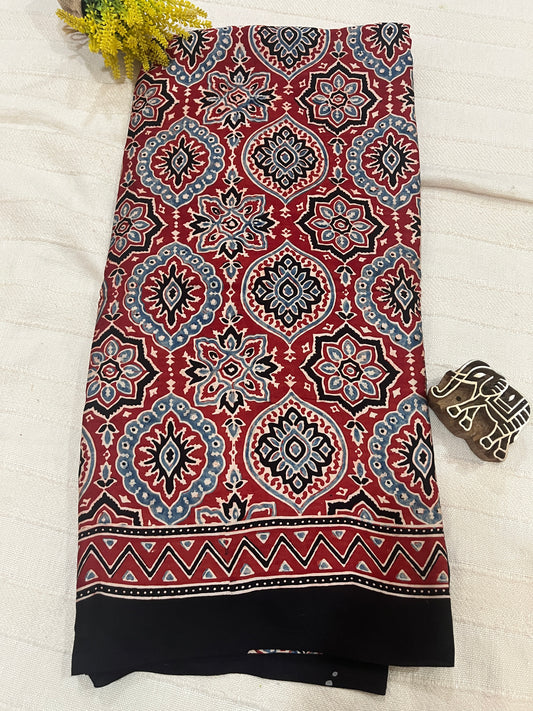 Ajrakh Modal Silk Saree -Red Badam Block