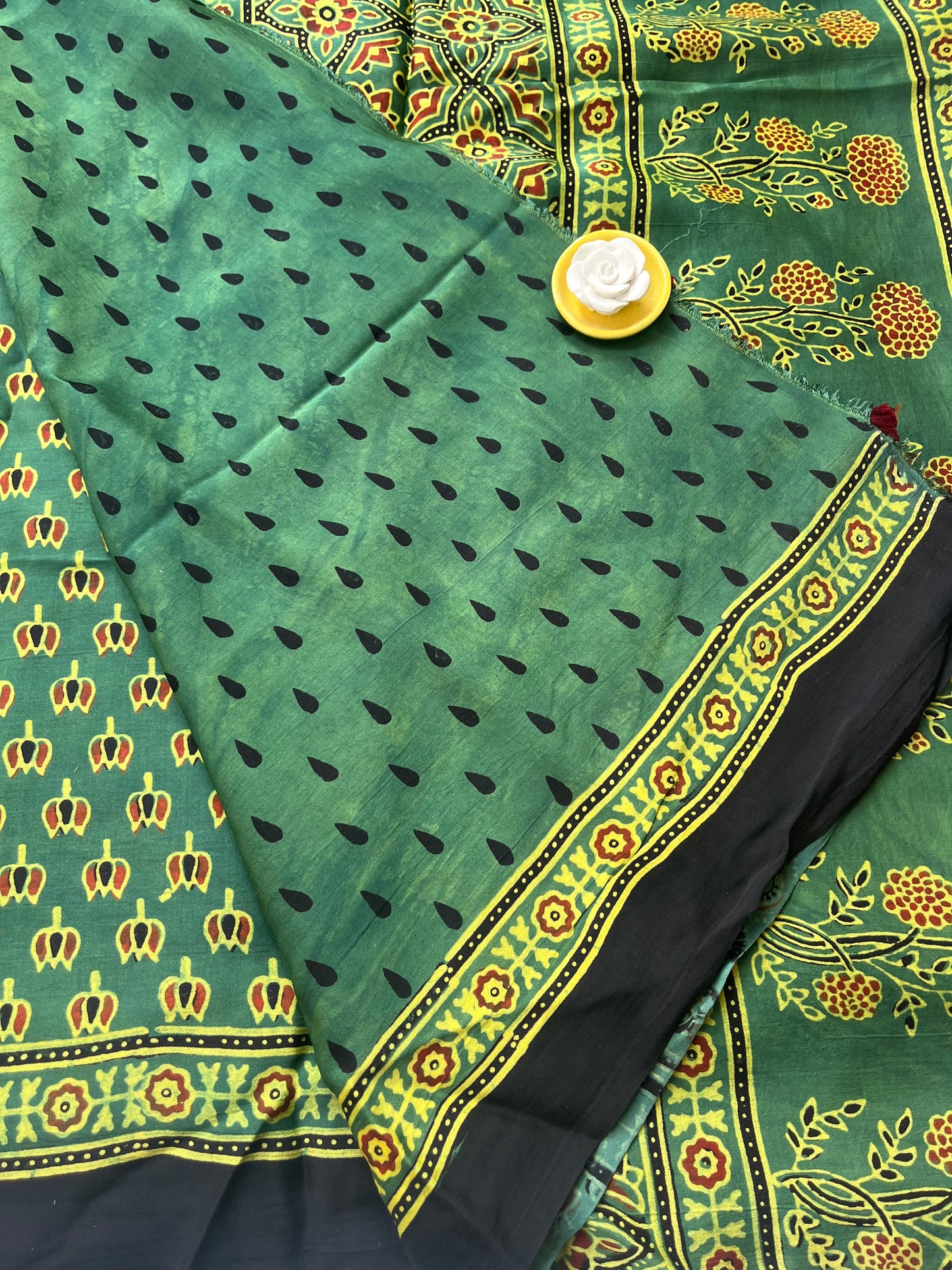 Ajrakh Modal Silk Saree - Green Lotus Print (with tasssels)