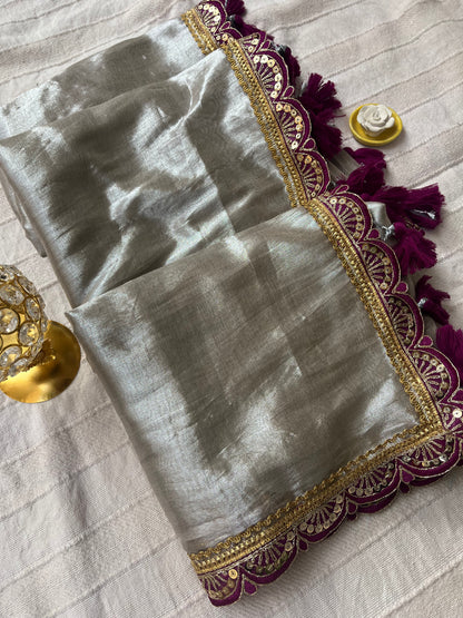 Raga Tissue Saree with Lace and Tassels - Silver & Purple