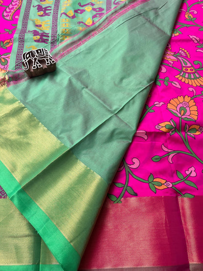 Kalamkari Printed Nelluri Silk Saree - Hot Pink