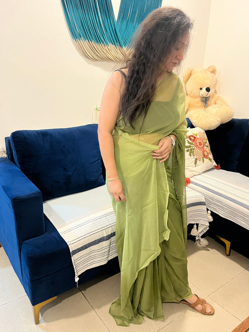 Pure Plain Ombre Chiffon Saree - Mehendi Green