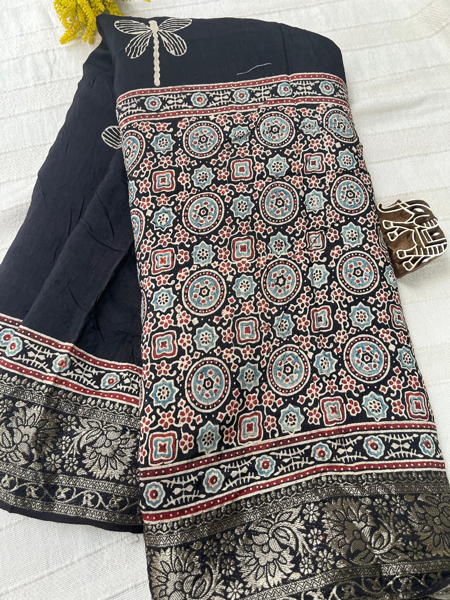 Ajrakh Dola Silk Saree - Black Butterfly Motifs