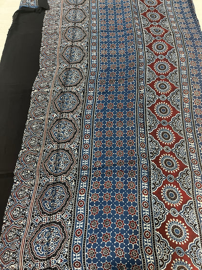 Ajrakh Modal Silk Saree - Indigo Lotus Motifs