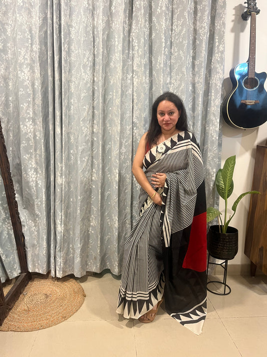 Contemporary Ajrakh Mul Cotton Saree - Black Stripes