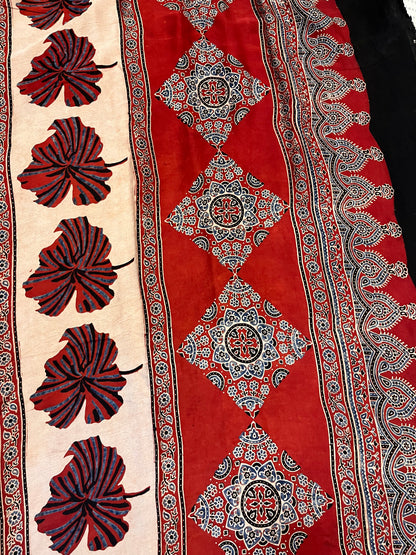 Ajrakh Modal Silk Saree - Red Buttis
