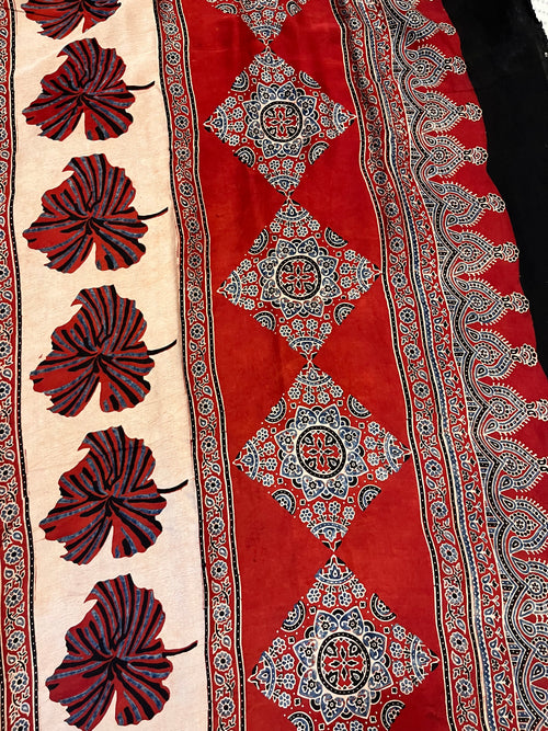 Ajrakh Modal Silk Saree - Red Buttis