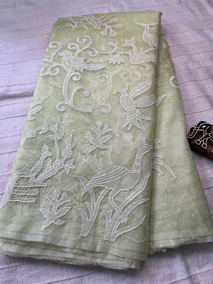 Pure Organza Applique Work Saree - Lime Green