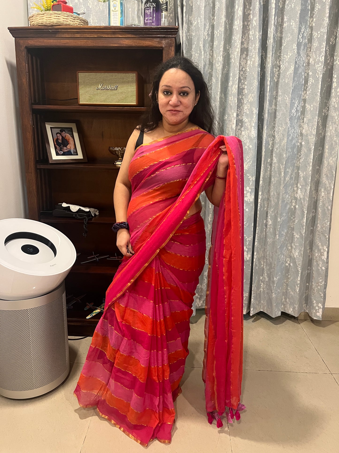 Pink Orange Striped Zari Mul Cotton Saree (No Blouse piece)