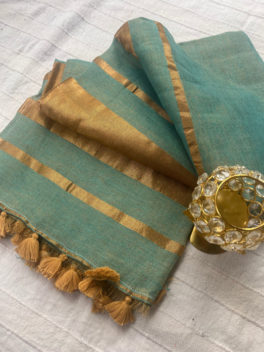 Tissue Linen Saree with Tassels - Aqua