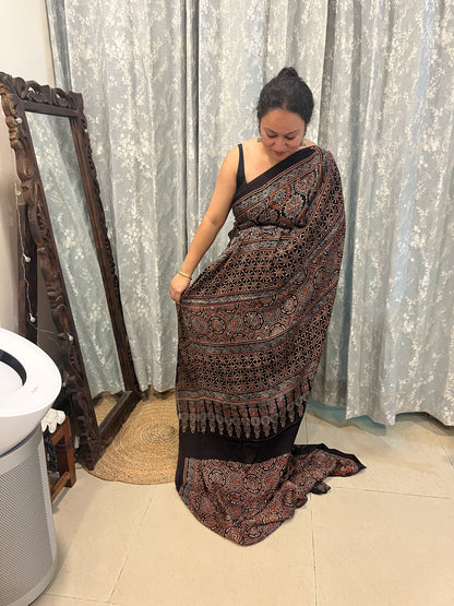 Ajrakh Modal Silk Saree - Black Badam Block