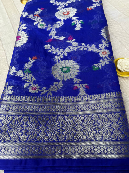 Banarsi Semi Georgette Meena Jaal Saree - Royal Blue