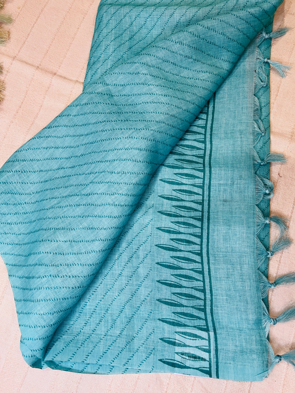 Quirky Linen Cotton Saree - Aqua Elephants