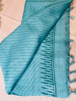 Quirky Linen Cotton Saree - Aqua Elephants