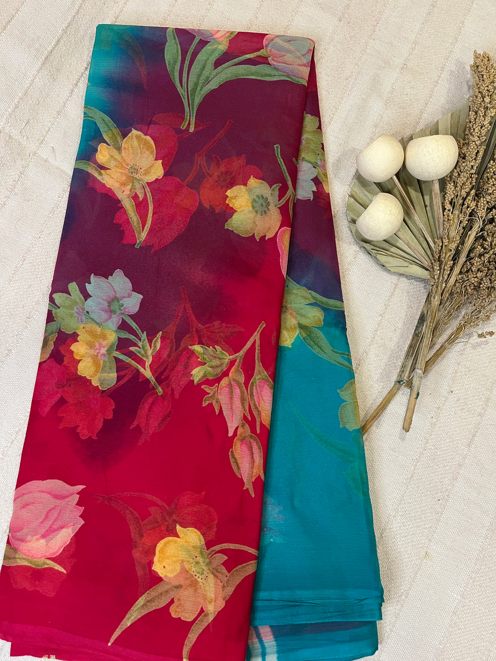 Semi Chiffon Floral Saree Dual Tone - Pink-Teal