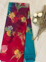 Semi Chiffon Floral Saree Dual Tone - Pink-Teal