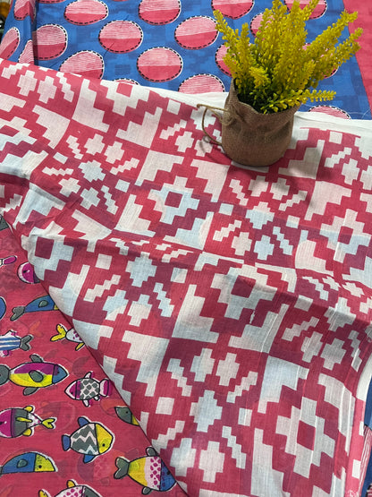 Pink Fish Quirky Mul Cotton Saree