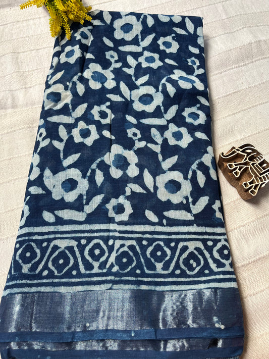 Indigo Handblock Linen Cotton Saree