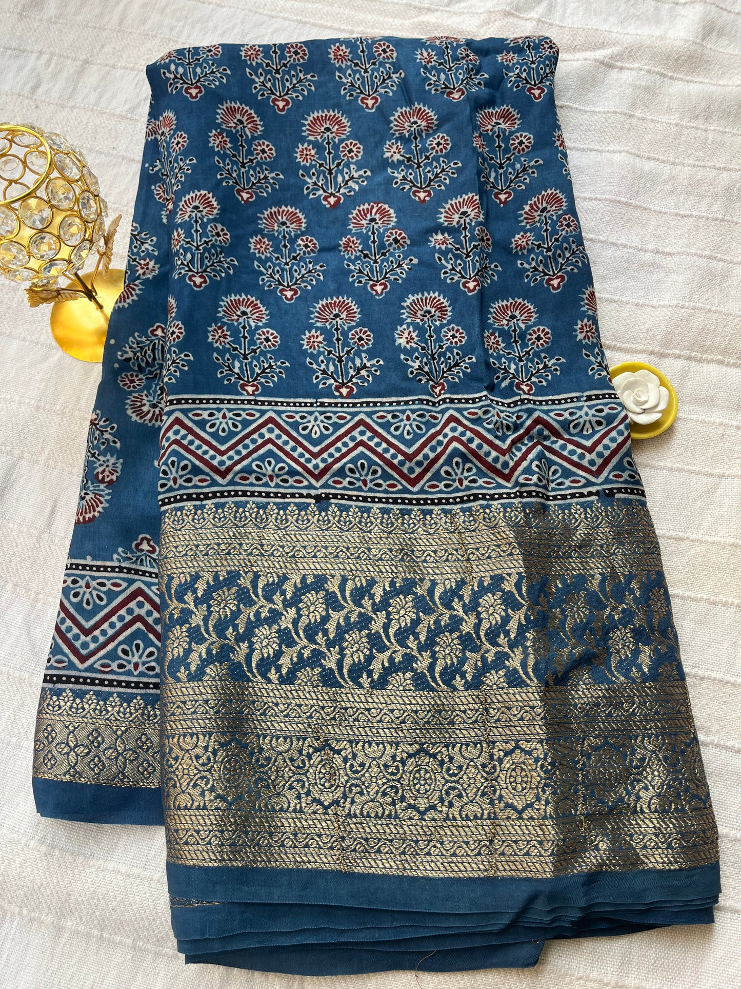 Indigo Ajrakh Dola Silk Saree - Floral Motifs (with tassels)