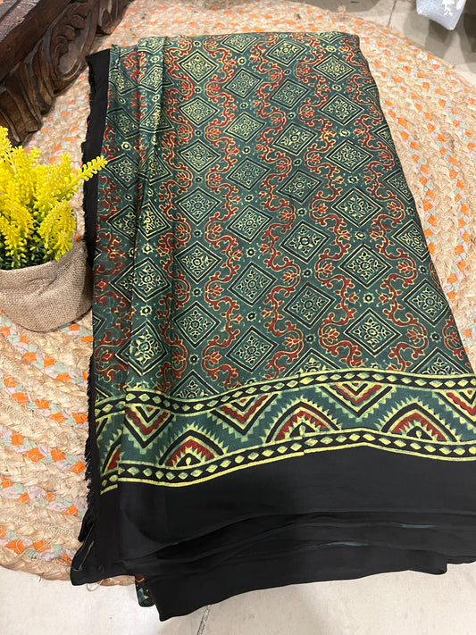 Ajrakh Modal Silk Saree with Lagadi Patta - Bottle Green