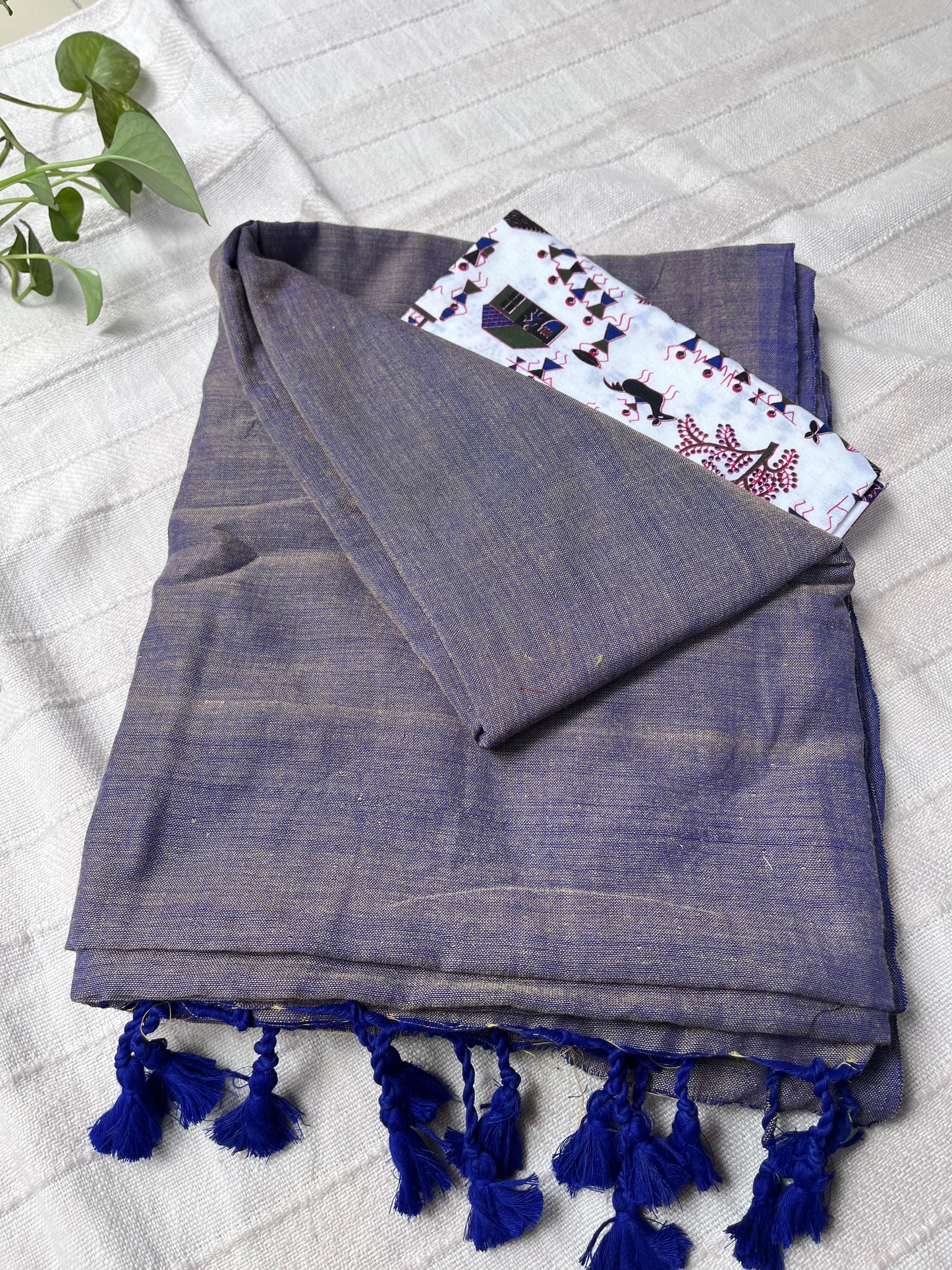 Handloom Khadi Cotton Saree with Kalamkari Blouse Piece - Blue Grey