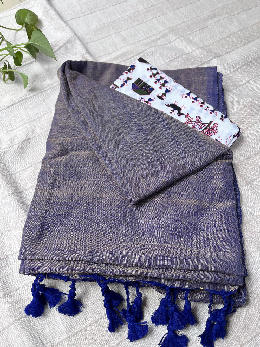 Handloom Cotton Saree with Kalamkari Blouse Piece - Blue Grey