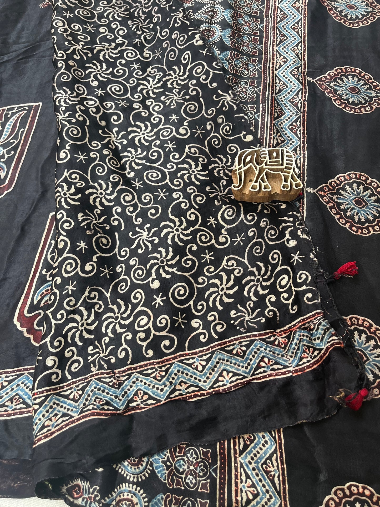 Ajrakh Modal Silk Saree with Tissue Palla - Black