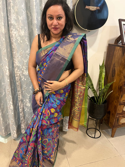 Kalamkari Printed Nelluri Silk Saree - Violet