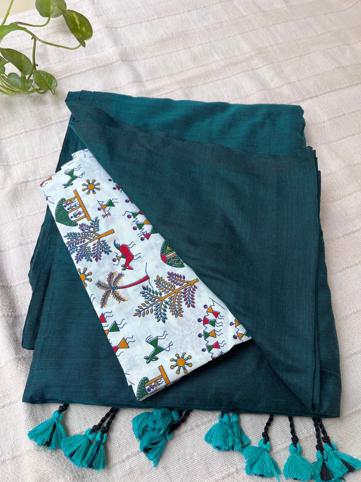 Green Handloom Khadi Cotton Saree with Kalamkari Blouse Piece