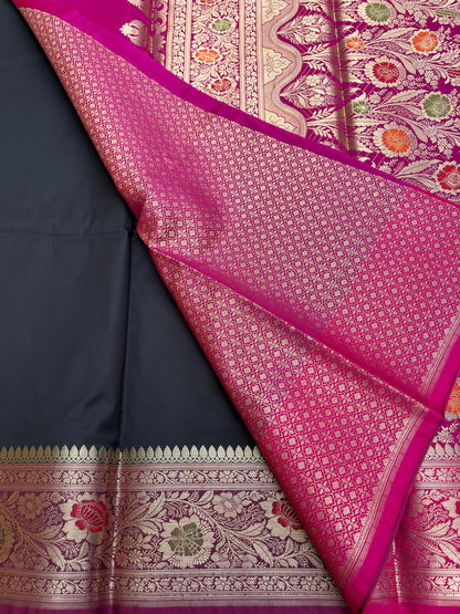 Banarasi Soft Silk Saree - Black-Pink