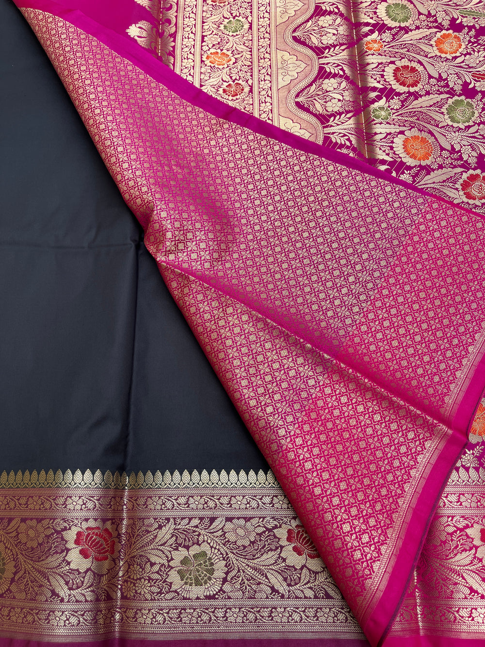 Banarasi Soft Silk Saree - Black-Pink