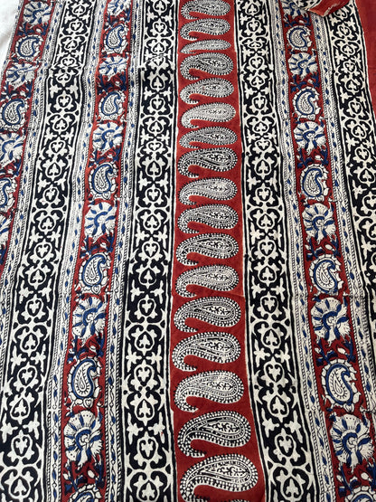 Quirky Elephant Handblock Mul Cotton Saree - Red-Blue