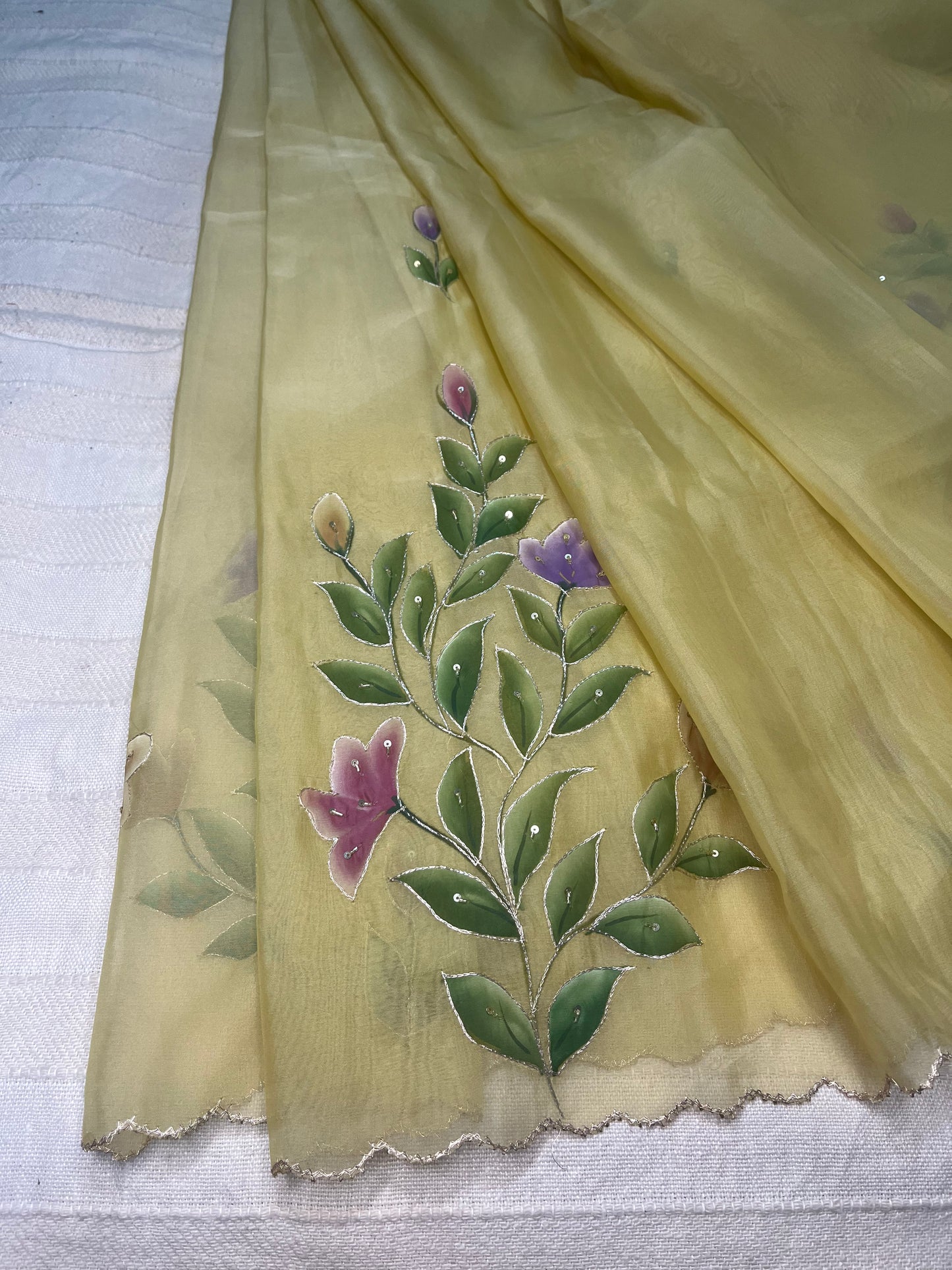 Crepe Organza Handpainted Saree with Embroidery- Lemon Yellow